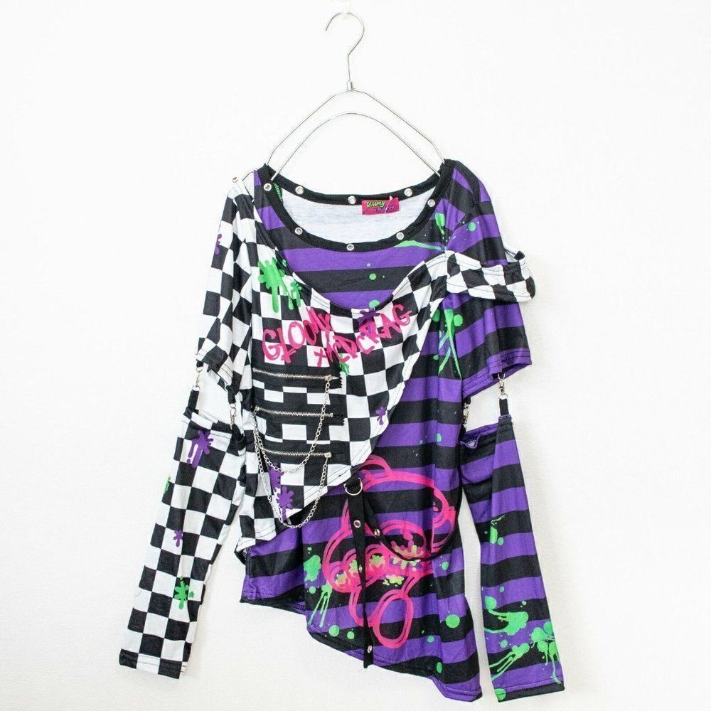 Gloomy Bear Goth Emo Punk Purple & Checkered Punk Raver Shredded Top Small